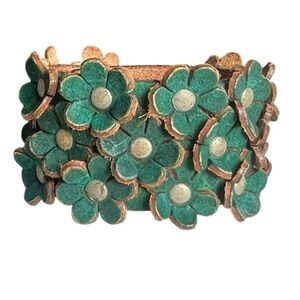 Vintage Turquoise Green Flower Studded Leather Cuff Bracelet Y2K